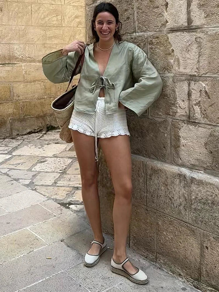 V-neck Lace Up Shirts Spring Summer New Long Sleeve Blouse for Female Street Lady Tops