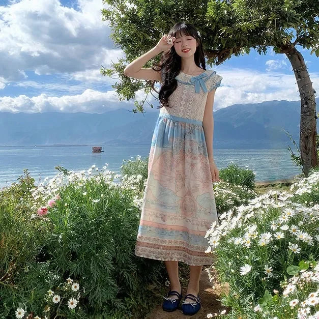 Sweet Oil Painting Style Dress for Summer New Atmosphere Bow Lace Round Neck Aline Party Long Dresses