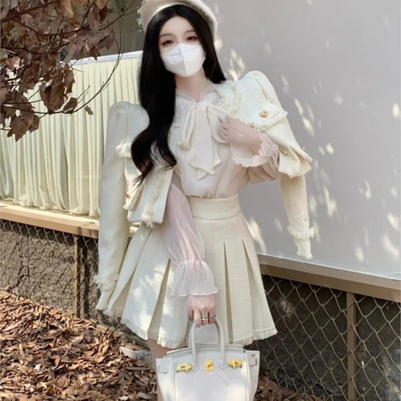 Autumn New French Tweed Two-piece Skirt Set Short Jacket Coat + Pleated Mini Skirt Suits Korean Outfits