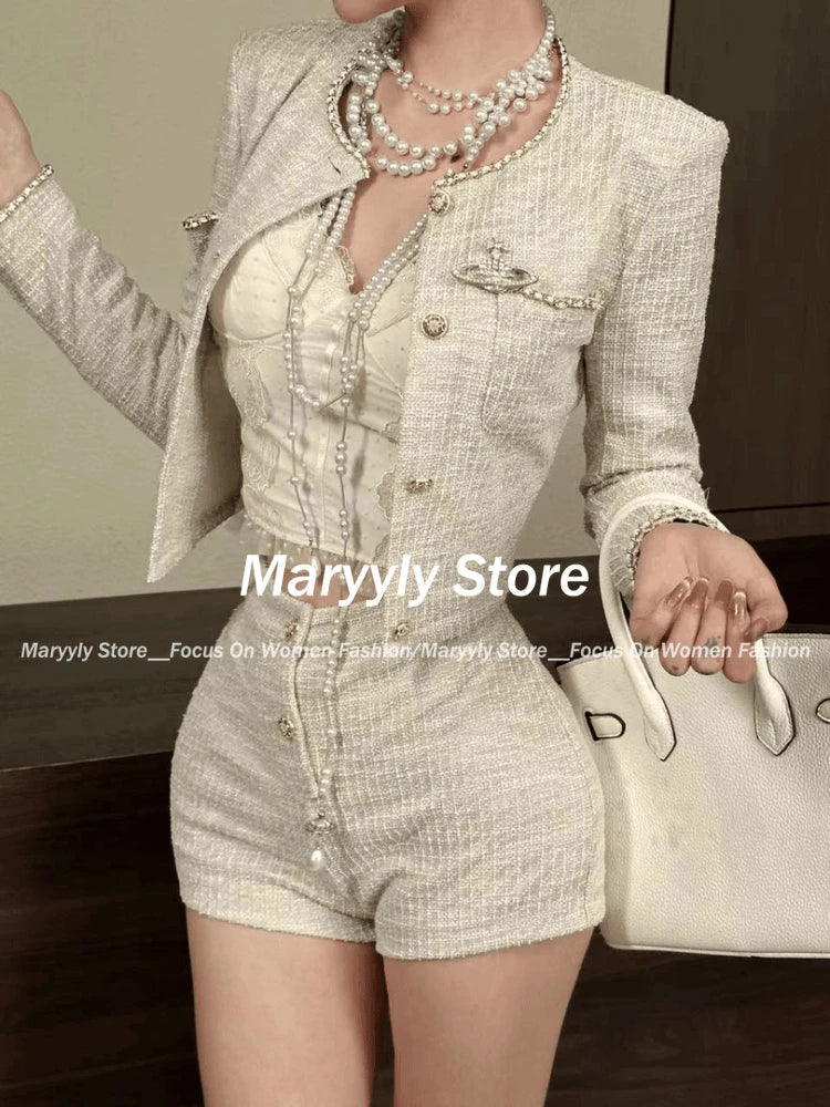 Autumn Korean Slim Outfits 2 Piece Set Y2k Office Lady Long Sleeve Short Coat + Bodycon Higt Waist Shorts New