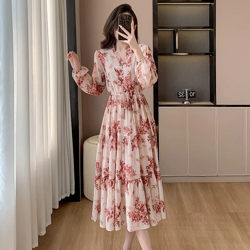 French V Neck Flower Print Chiffon Midi Dress New Spring Long Sleeve Drawstring Waist Holiday Sweet Dress