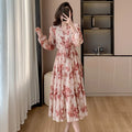 French V Neck Flower Print Chiffon Midi Dress New Spring Long Sleeve Drawstring Waist Holiday Sweet Dress