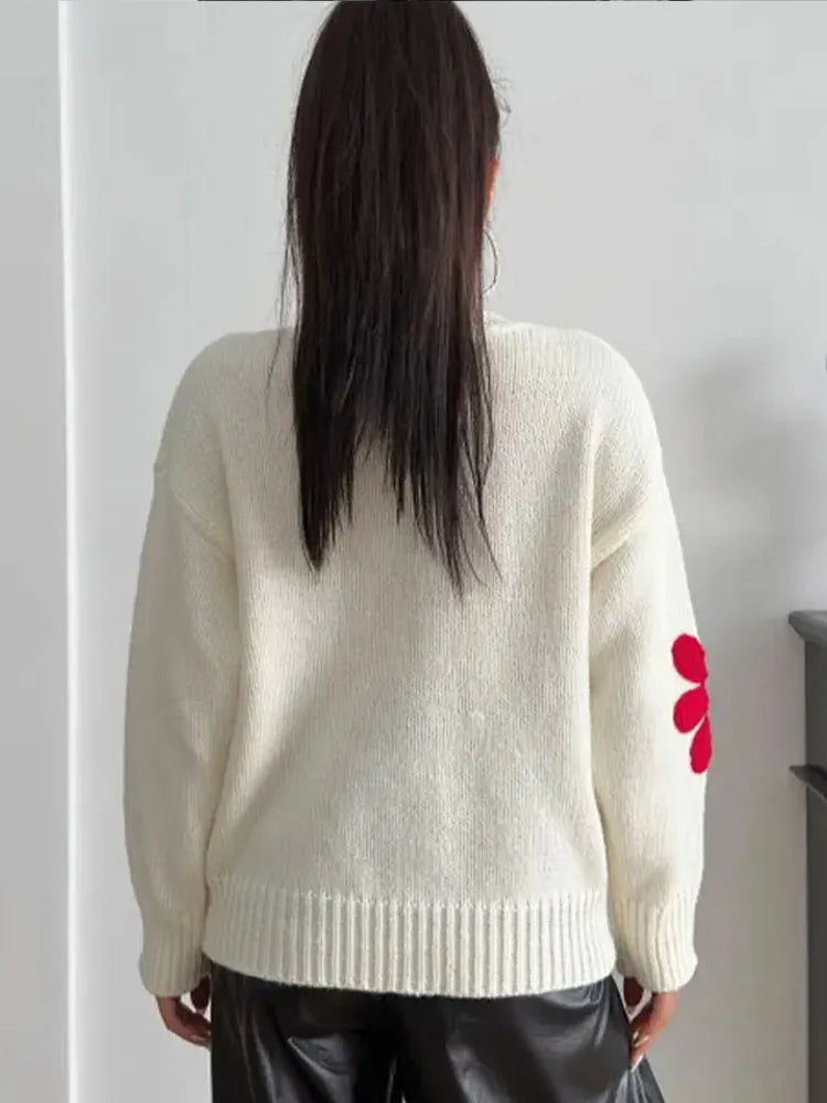 Autumn Knitted Sweater Sweet Flower Loose Long Sleeve O-neck Female Pullovers New Loose Tops