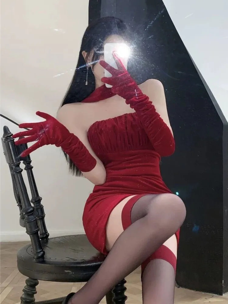 Bodycon Velvet Mini Dresses for Strapless Slim Waist Birthday Party Evening Dress Korean One Piece Vestidos