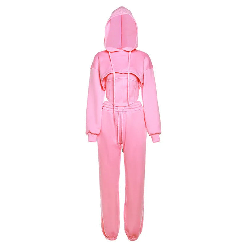 Lace Up Pants Sets Slim Splice Tank Tops Woman Long Sleeve Short Hoodies and Pant Suits Outfits Winter
