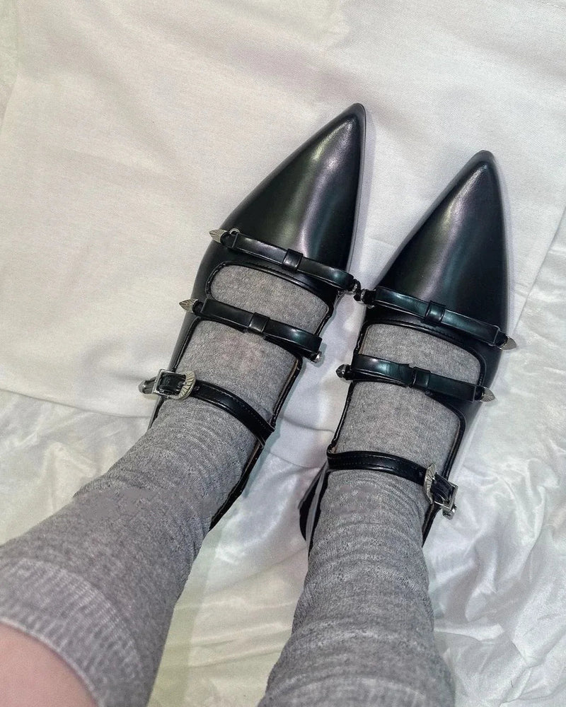 Japanese Metal Buckle Bow Mary Jane Shoes Sweet and Cool Pointed Leather Shallow Flat Shoes
