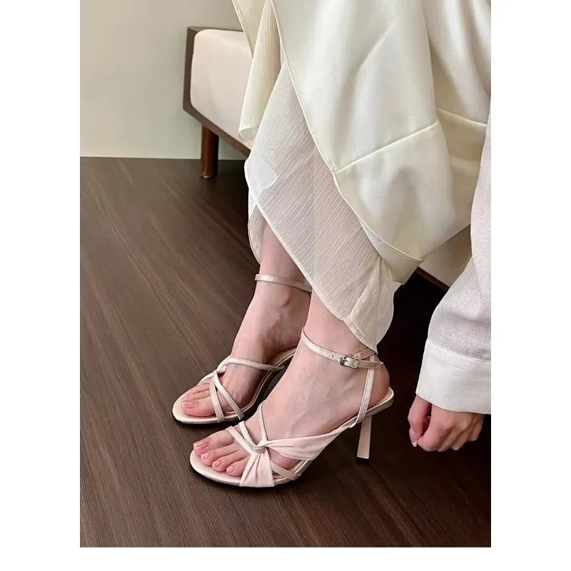 Apricot Thick Satin High Heels New Dress Singleline Buckle Stiletto Sandals French Opentoe Hollow Shoes