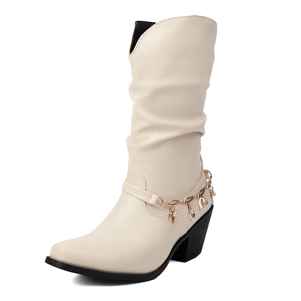 Big Size 43 Square Toe Square Toe Mid Calf Boots Metal Chain Autumn/winter Party Shoes Woman