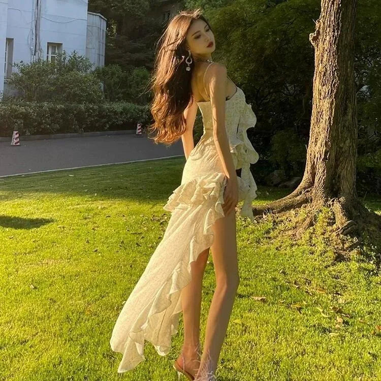 Irregular Suspender Dress Holiday Dress Summer New Formal Highend Female Evening Korean Long Dresses.