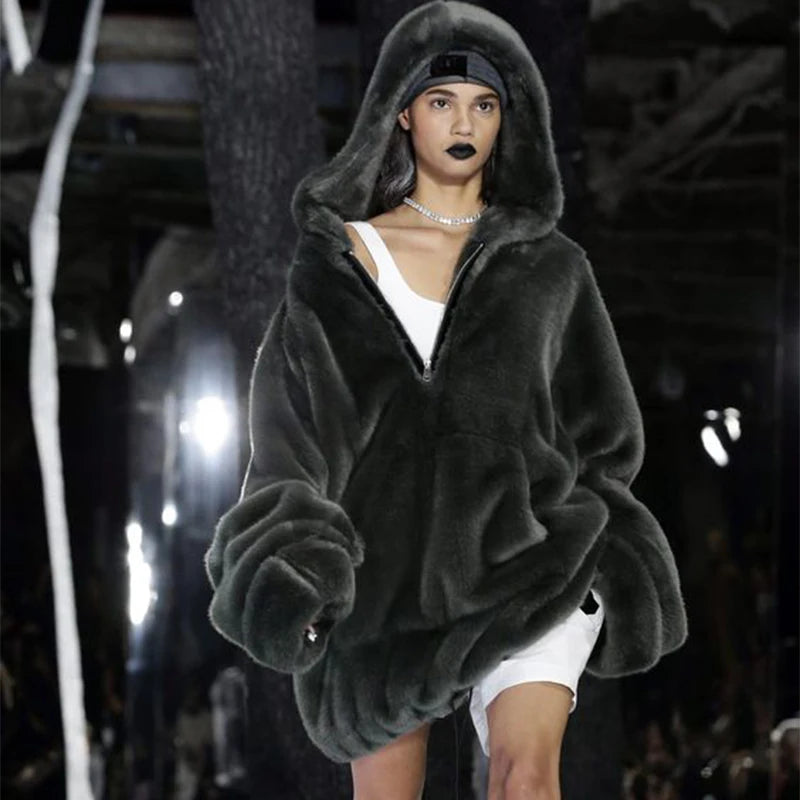 Runaway Brand Faux Fur Long Coat Big Pocket Warm Jacket Zip Hooded Fake Rabbit Fur Plush Overcoats