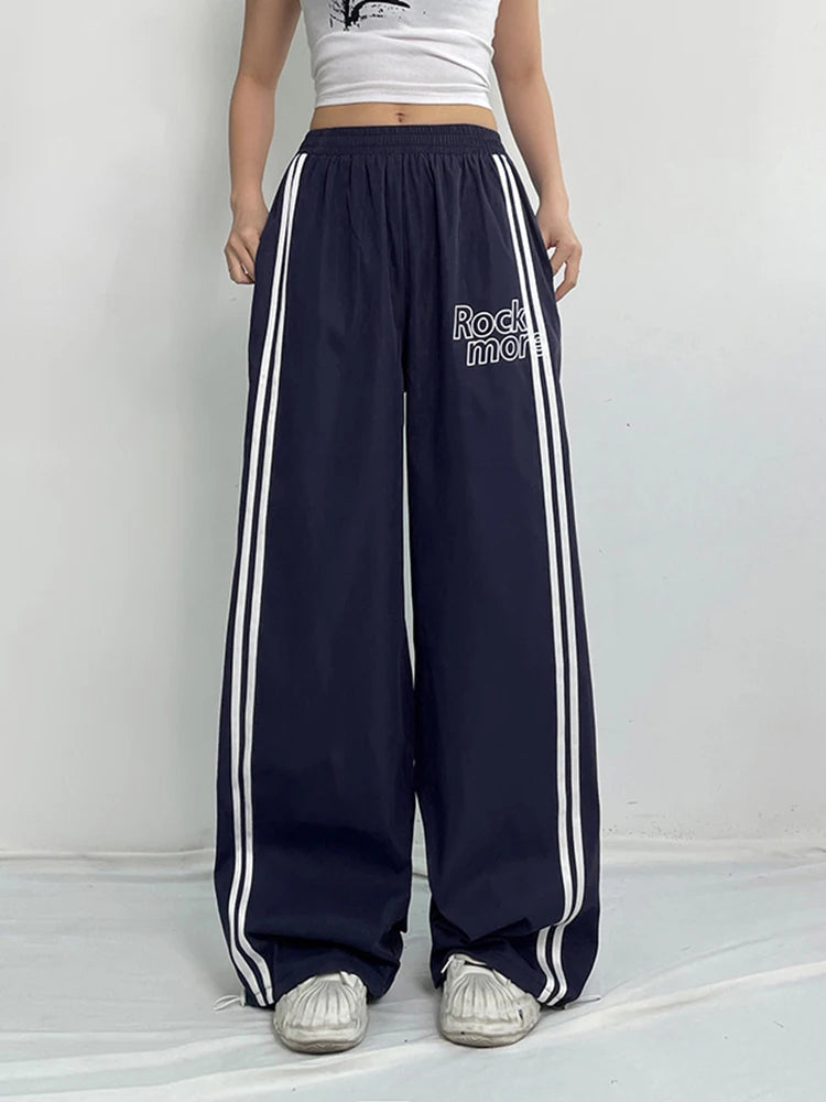 Side Stripe Elastic High Waist Loose Straight Leg Pants Letter Print Street Style Hippie Baggy Trousers Preppy