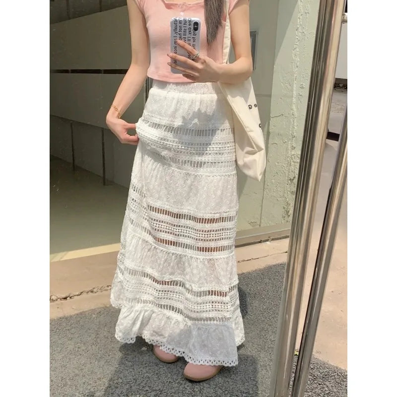 Spring and Summer Korean Retro High Street Low Waist Hollow Out White Long Lace Skirt Skirt