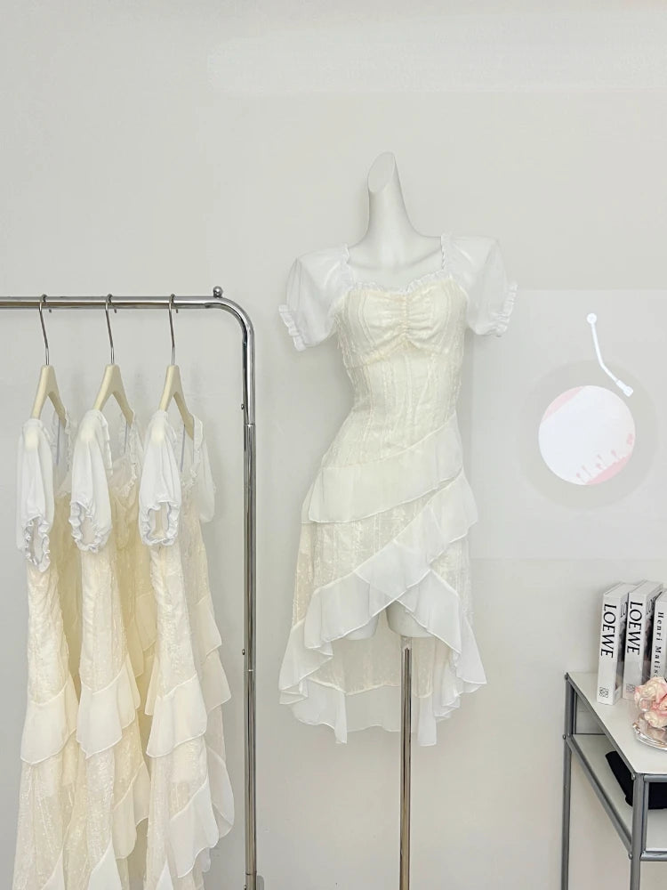French Party Midi Dress Beach Style 2000s Y2k Clothing Short Sleeve One Piece Dress Korean Summer