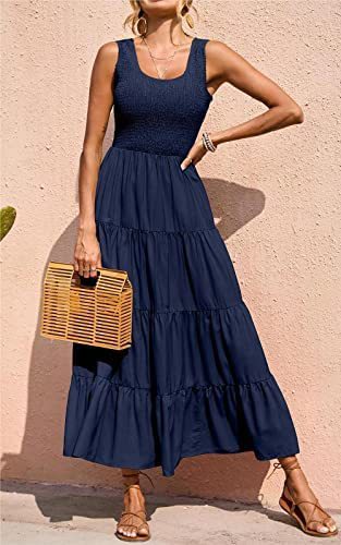 Dresses for Summer Sleeveless Color Long Dress Elastic Waist Beach Party Big Swing