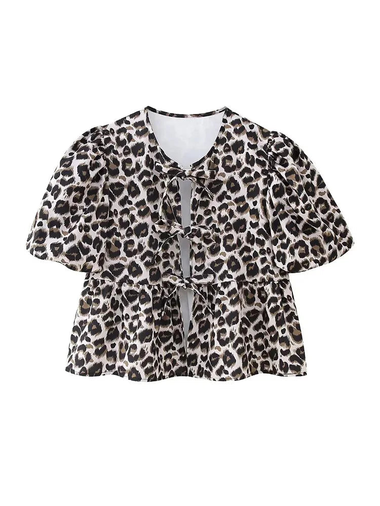 Summer Loose Puff Short Sleeves Tops for Woman Leopard Printed Lace Up Round Neck Tshirt Female Blouse Top