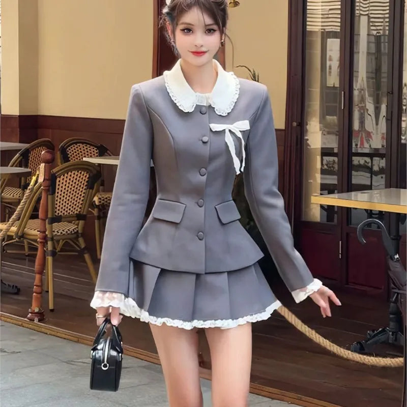 Two-piece Skirt Set Long Sleeve Single Breasted Blazer Coat Lace Pleated Mini Skirt Autumn Korean Outfits