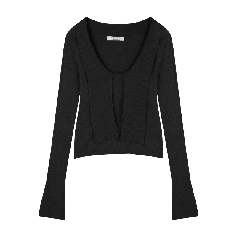 Khaki Ribbon Vneck Long Sleeve Knitted Sweater Korean Style Slim Knitwear Design Aesthetics Clothes