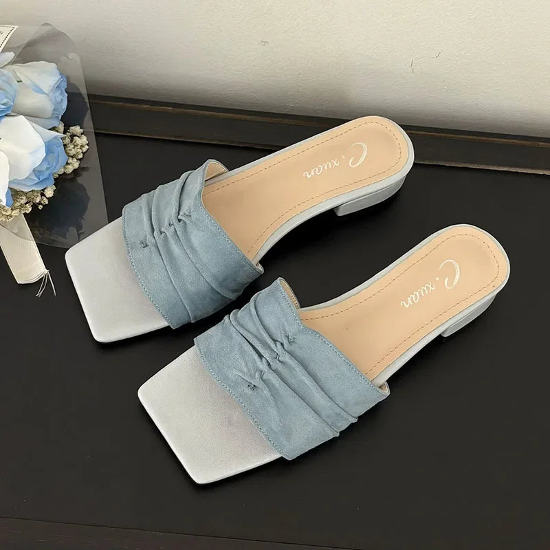 Square Toe Slippers Low Heel Slides Female Comfort Nonslip Summer New Sandals Flats Beach Shoes