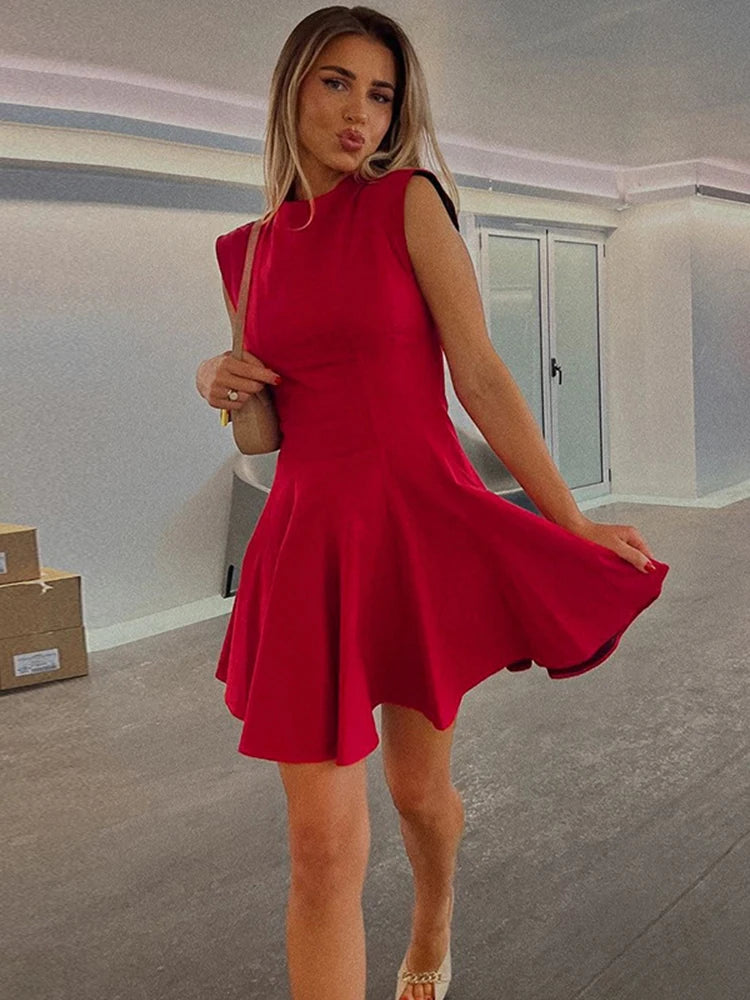 Sleeveless Folds Mini Dress ’s Color High Waist Outfits Half Turtleneck Club Party Dress A-line