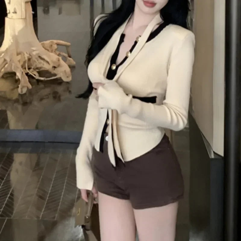 Korean Singlebreasted Tie Longsleeved Cardigan Spring New High Street Contrast Color Patchwork Knitted Tops