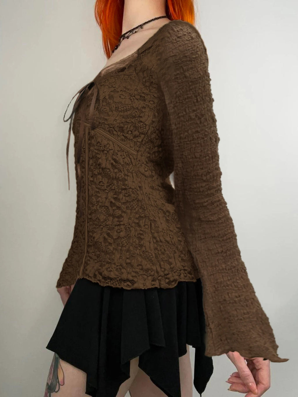 Hotsweet Lace Trim V-neck Brown Long Sleeve Blouses Bow Lace Up Flared Sleeve Slim Y2k Autumn New T-shirt