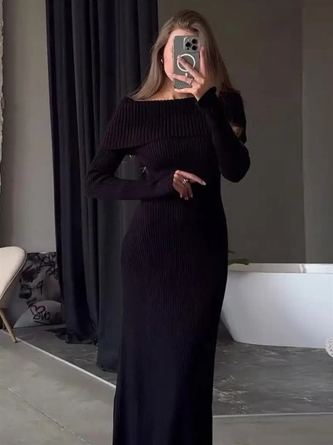 Knit Long Dress Off-shoulder Female Ribbed Loose High Waist Autumn Party Dress Knitwear Maxi Dress