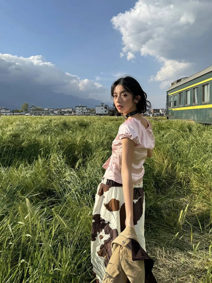 Summer American Retro Pink Pleated Hollow Lace Up Design Blouses Female Short Sleeve Shirt Top Spicy Girl Slim Short Top
