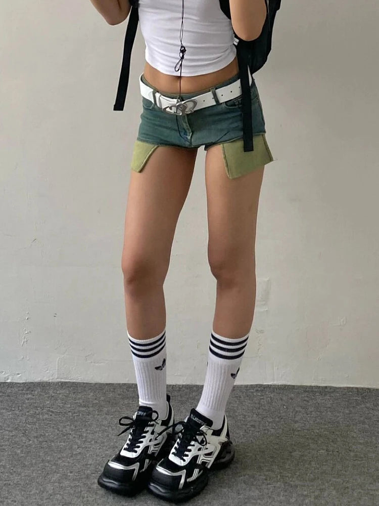 Woman Tiedyed Jean Low Waist Shorts Tight Bodycon Denim Button Shorts Patchwork Hot Pockets Pants Gyaru