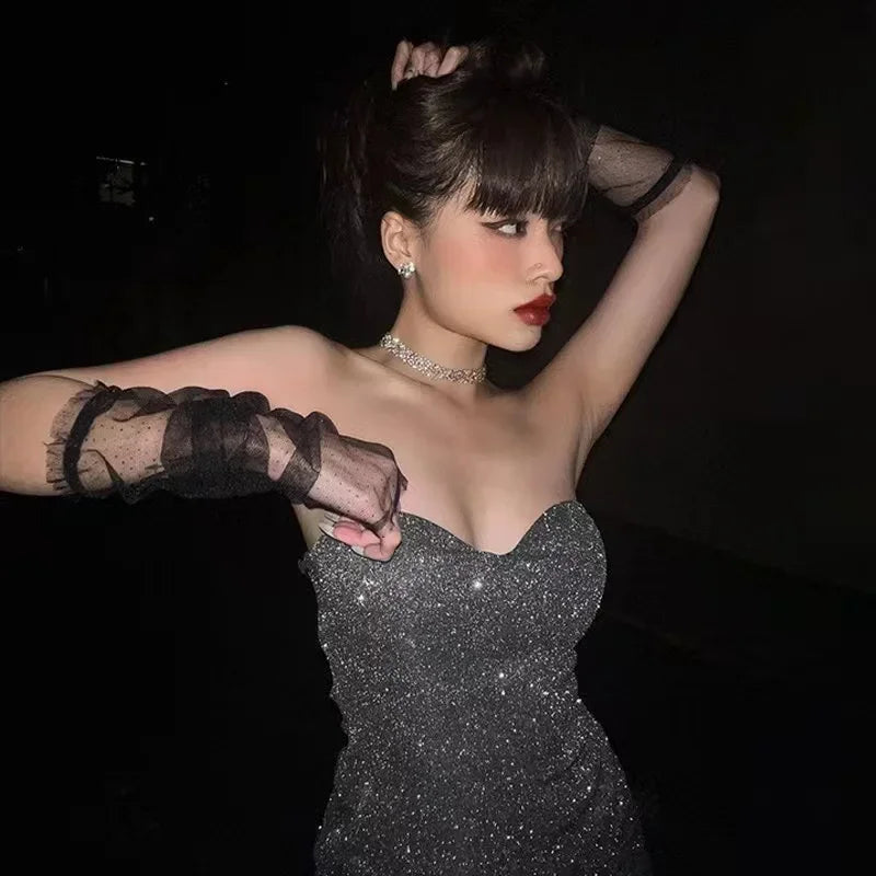 Black Glitter Bright Silk Dress Strapless Ruched Bodycon Dress Summer Sleeveless Tight Mini Dress Party Club Outfits
