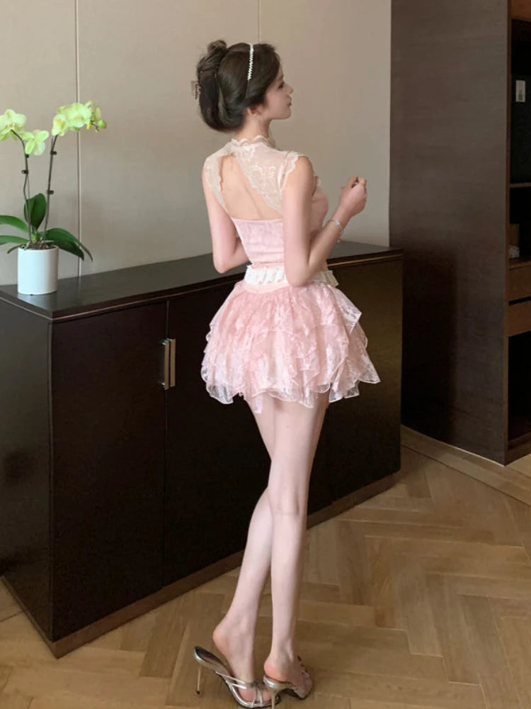Sweet 2 Piece Skirt Sets Female Bow Lace Patchwork Y2k Corset Blouse + Mini Skirts Japanese Lolita Suits Summer New