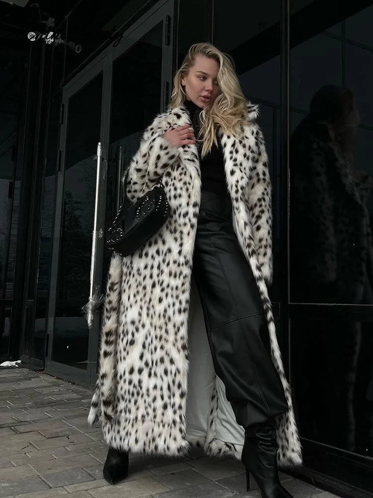 Animal Lapel Faux Fur Long Coat Loose Long Sleeve Pocket Lady Overcoats Autumn Winter Warm Street Thick Outwear