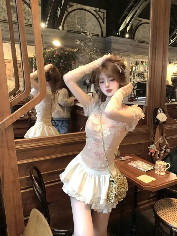 3d Flower Lace Top Lace Up Bubble Sleeves Blouses Summer Bow Waist Wrap Slim Sweet Spicy Girl Short Shirts Tops