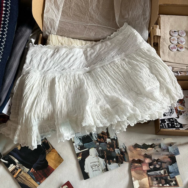White Lace Trim Sweet Mini Skirts Summer Folds Texture High Waist Aline Short Faldas Balletcore Skirt