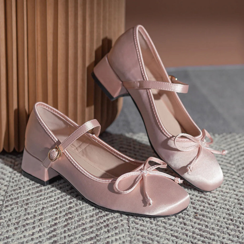 /girl's Pink Silk Pumps Sweet Bowtie Mary Janes Shoes Woman Square Toe Silk Tacones Ballerina Shoes Medhgh Heels Bow Shoes