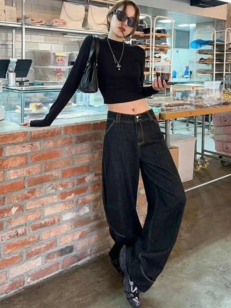 Black Wide Leg Jeans With Rivets Y2k High Wasit Denim Pants Korean Style Kpop Baggy Harajuku Trousers New