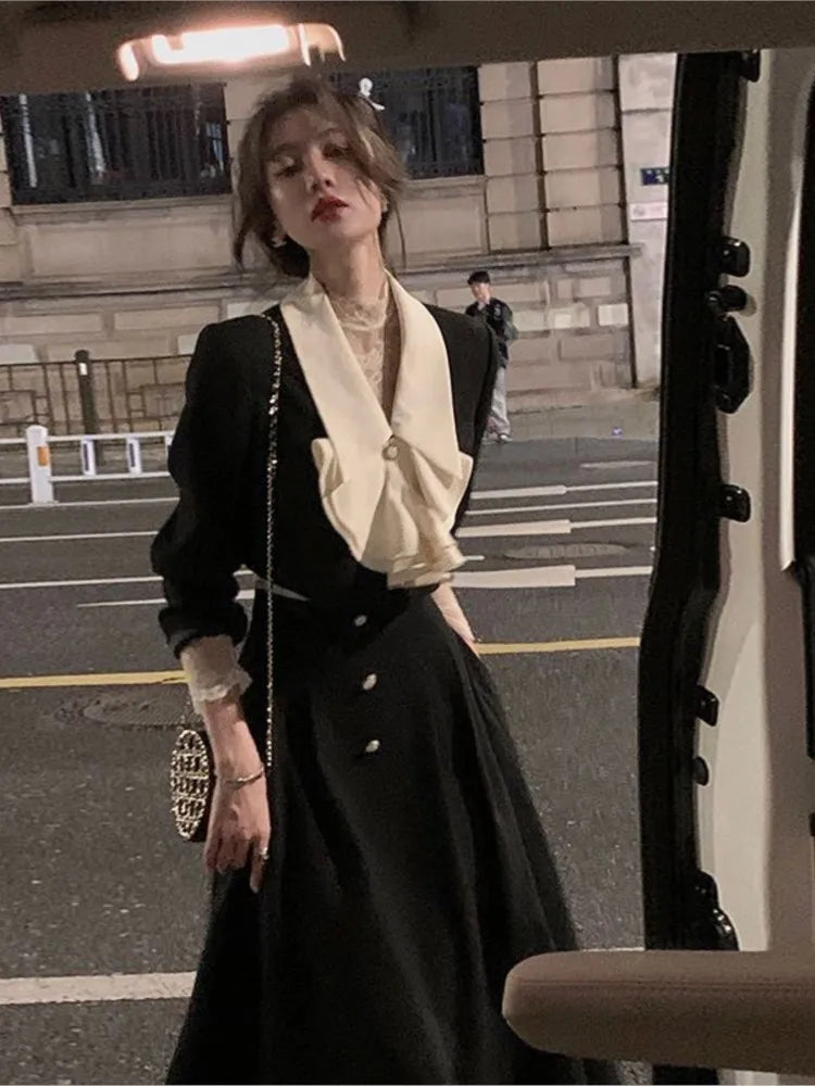 2 Piece Dress Set Black Midi Dress Korean Clothes Y2k Crop Top Short Coats + Skirt Spring