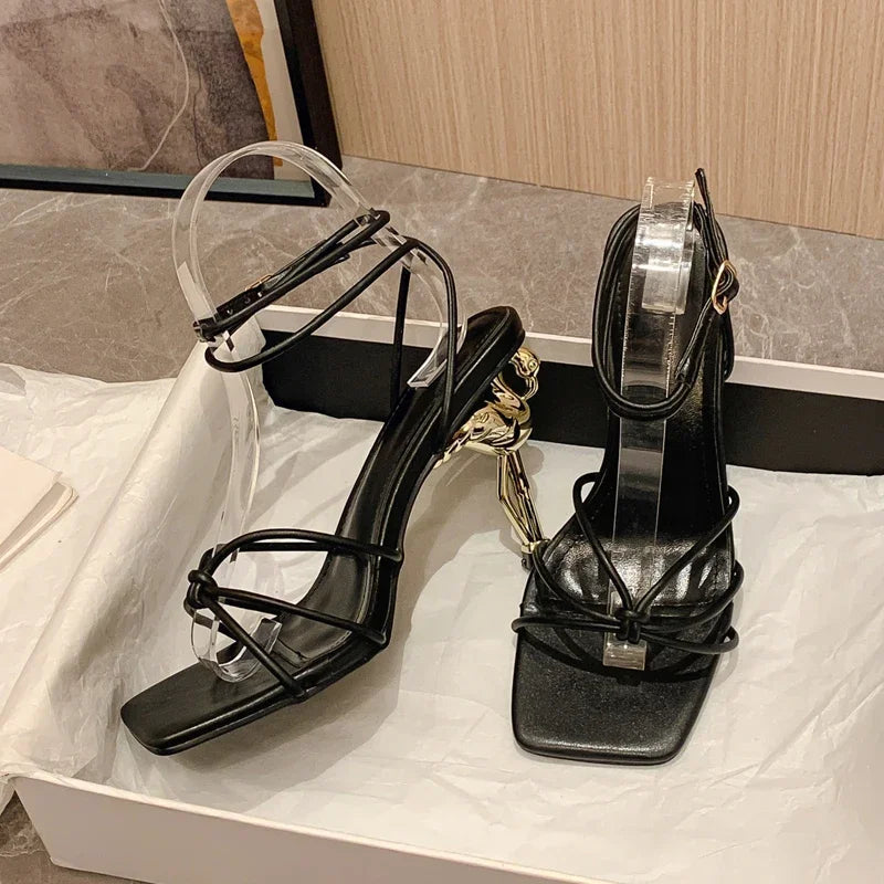 Square Toe Narrow Band Sandals Ankle Buckle Strap High Heels Party Female Shoes Sandalias Mujer