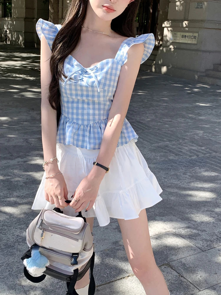 Summer Sweet Plaid Y2k Mini Dress Bow Sleeveless Japanese Kawaii Dresses Beach Party