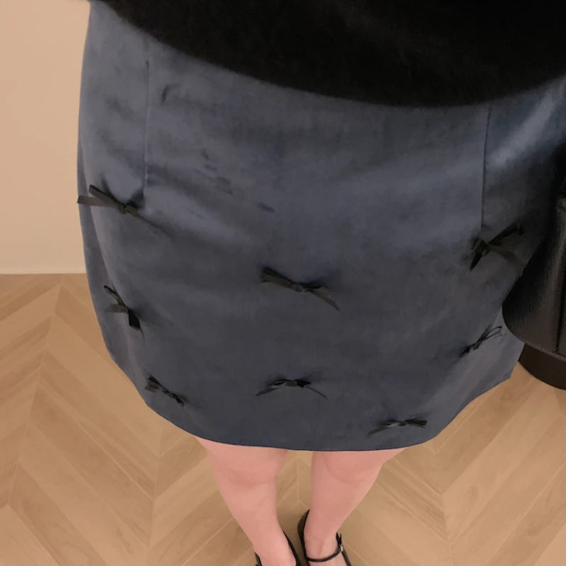 Korean Contrast Color Bow Splicing Aline Skirt Spring New High Waist All Match Velvet Mini Skirt