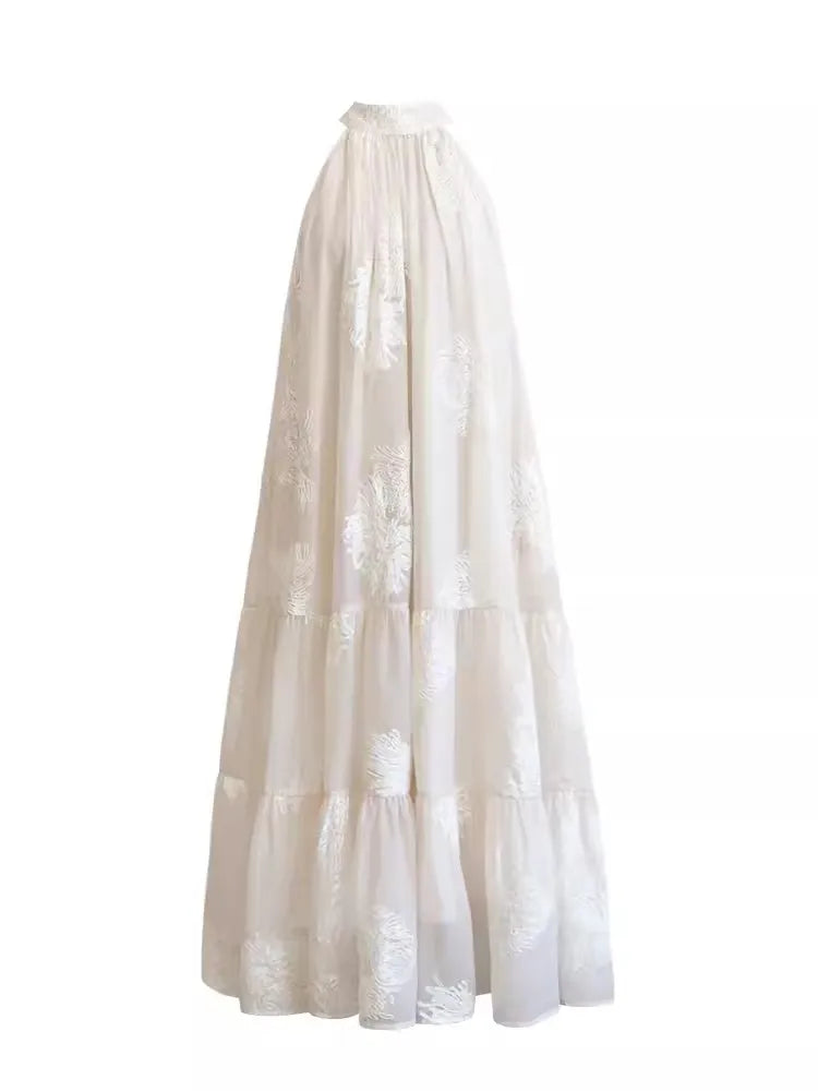 French Apricot Embroidery Printed Dress Spring Summer Sleeveless Hanging Neck Aline Dress Midi Dresses