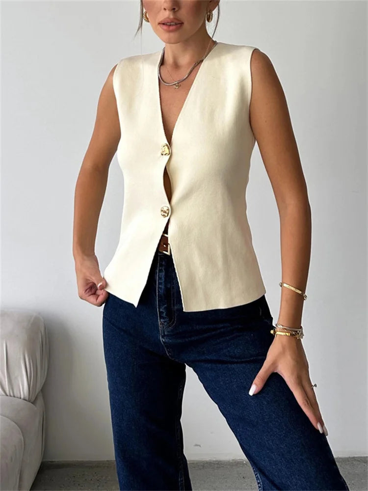 Knit V-neck Sweater Tank Top High Waist Patchwork Autumn Knitwear Y2k Cardigan Top Vest