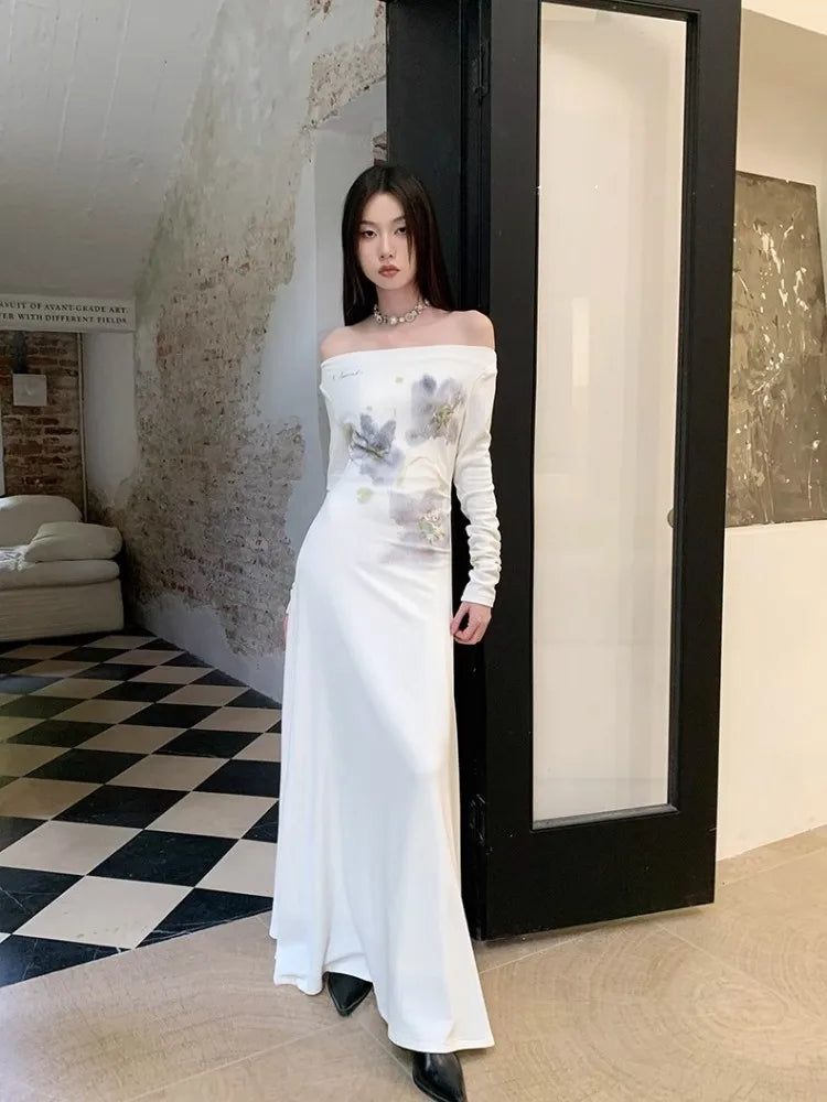 Ink Blue Blended Long Dress for in Autumn and Winter, With a Highend Feel and Printed Elastic One Neck Knitted Dress