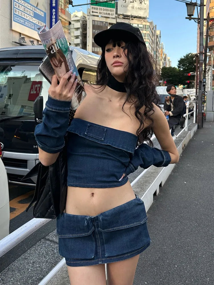 American Retro Denim Strapless Backless Y2k Crop Top Lowwaisted Cargo Shorts 3 Piece Sets Outifits