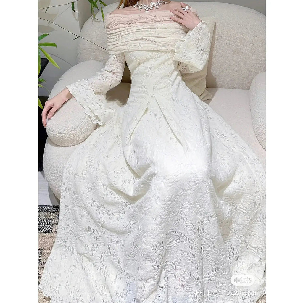 Autumn/winter Retro Flare Sleeve Off Shoulder Shawl White Dress Slimming Knitted Jacquard Fishtail Maxi Dress for