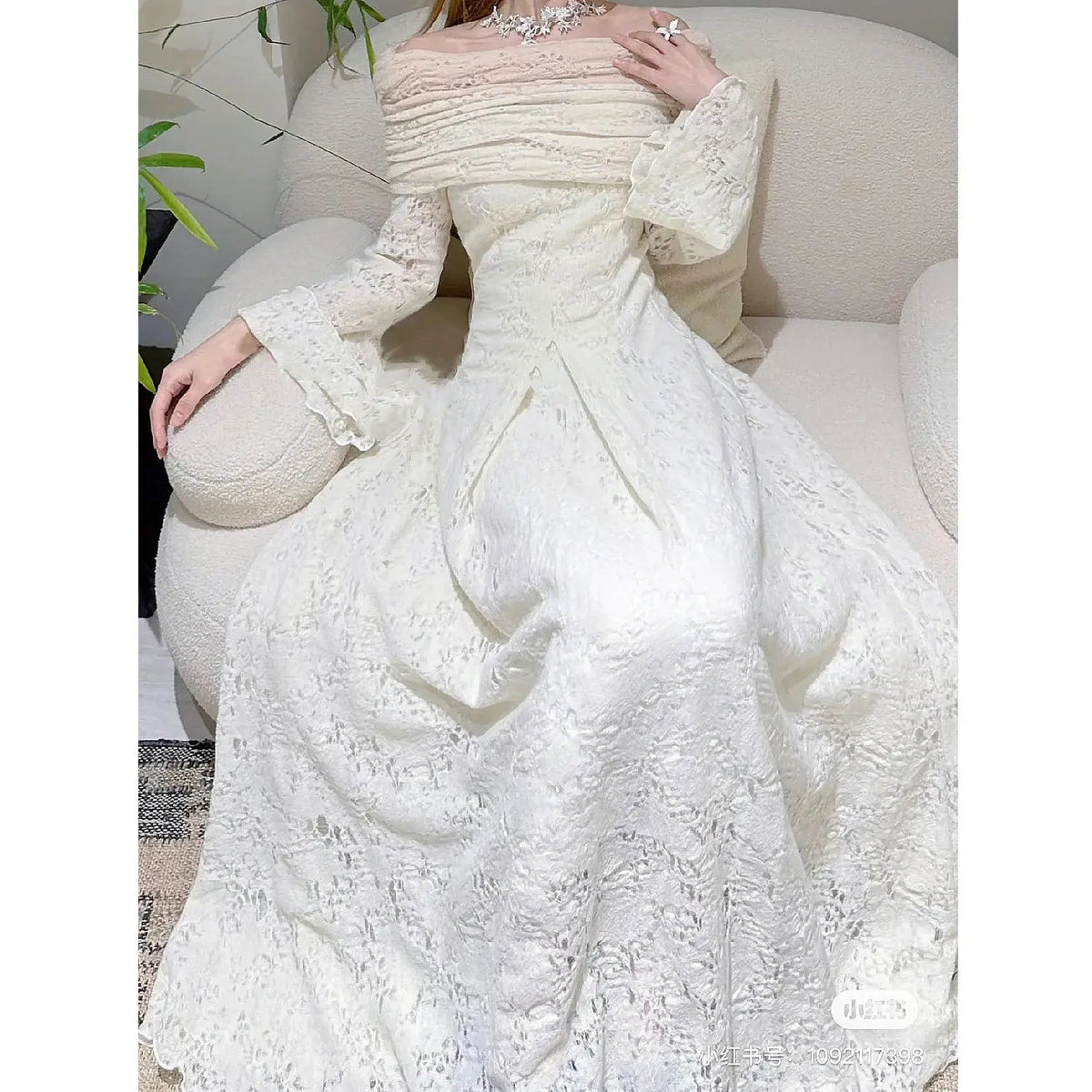 Autumn/winter Retro Flare Sleeve Off Shoulder Shawl White Dress Slimming Knitted Jacquard Fishtail Maxi Dress for