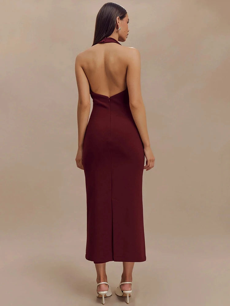 Halter Deep V Neck Sleeveless Maxi Dress for Backless Bodycon Tank Dress Femme Long Dress