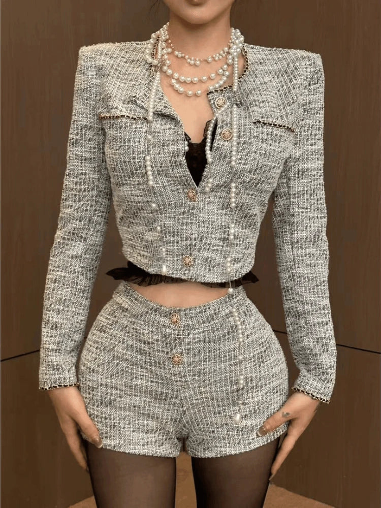 Autumn Korean Slim Outfits 2 Piece Set Y2k Office Lady Long Sleeve Short Coat + Bodycon Higt Waist Shorts New