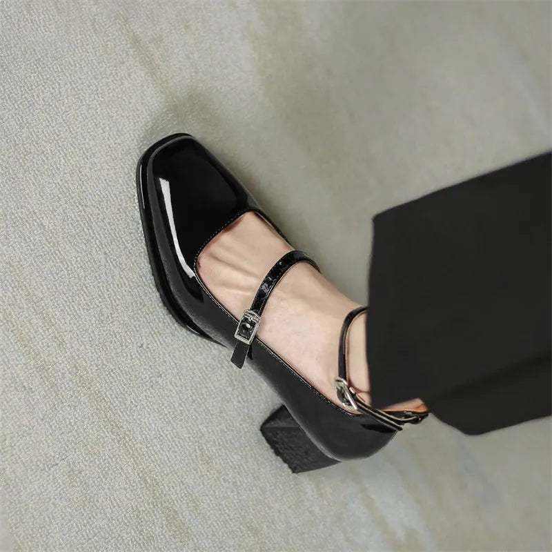 Heels Shoes Mary Jane Shoes Woman Pumps Patent Leather High Heels Dress Shoes Red Wedding Shoes Spring Double Buckle