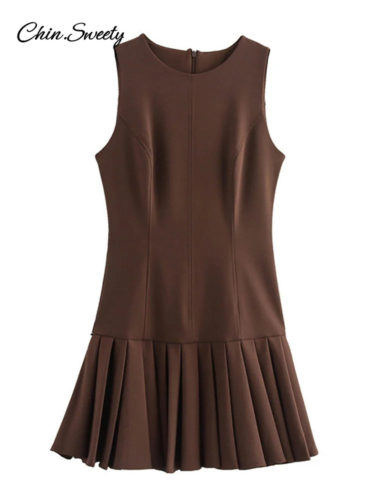 Pleated Mini Dress Brown O-neck Sleeveless a Line High Waist Party Dresses New Zipper Robes