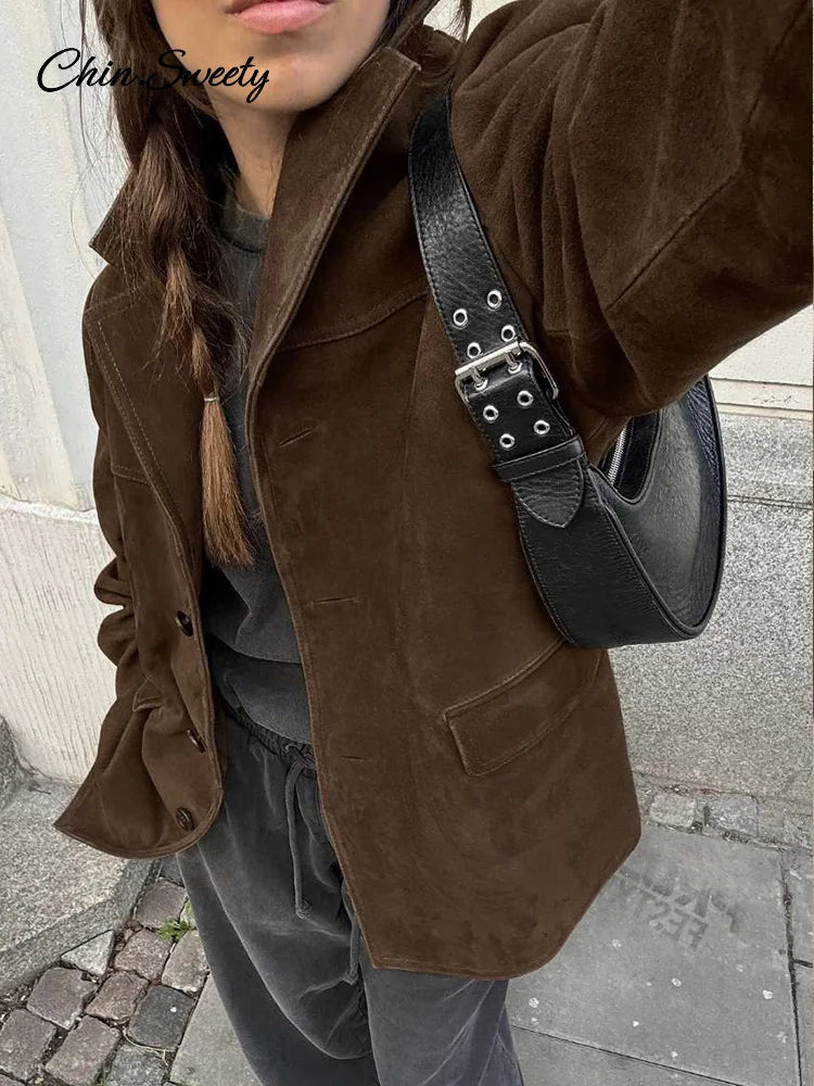 Suede Jackets Loose Lapel Single Breasted Long Sleeves Pockets Blazer Coats Female Autumn New in Outwear